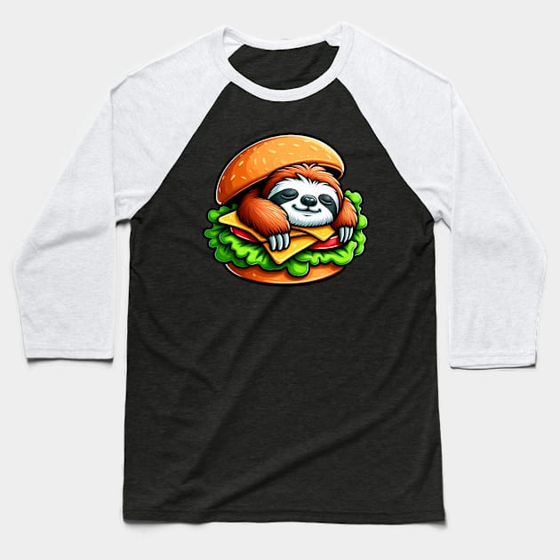 Sloth is Sleeping inside a Hamburger Baseball T-Shirt by Plushism